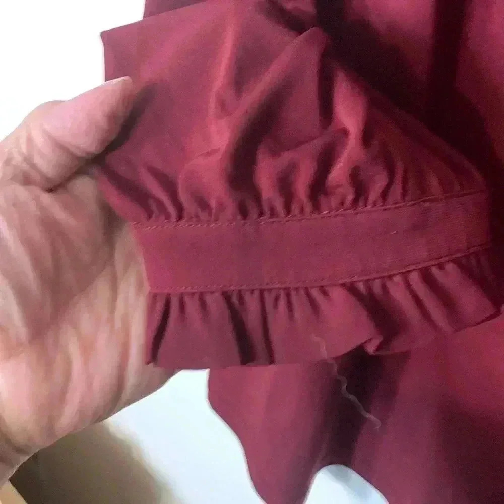 Karl Lagerfeld Maroon, Long Sleeve Blouse  w Ruffled Sleeves, Loose Fitting - Picture 9 of 11